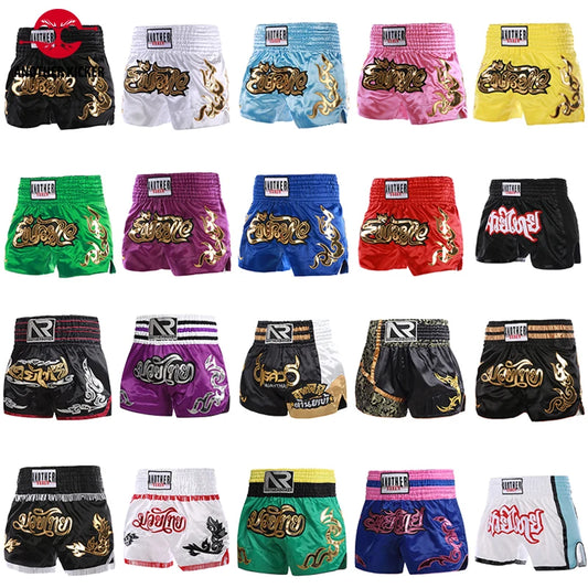 Muay Thai shorts (unisex and children's) with professional embroidery for combat training.