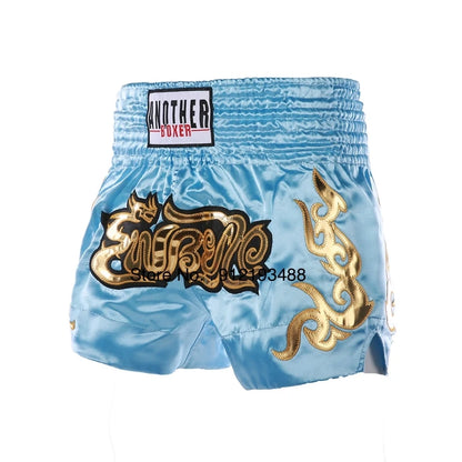 Muay Thai shorts (unisex and children's) with professional embroidery for combat training.