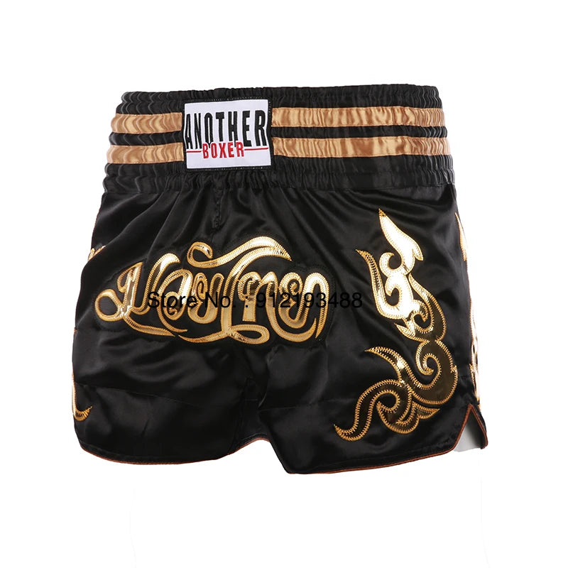 Muay Thai shorts (unisex and children's) with professional embroidery for combat training.