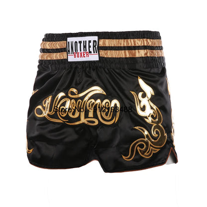 Muay Thai shorts (unisex and children's) with professional embroidery for combat training.