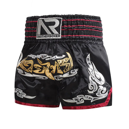 Muay Thai shorts (unisex and children's) with professional embroidery for combat training.