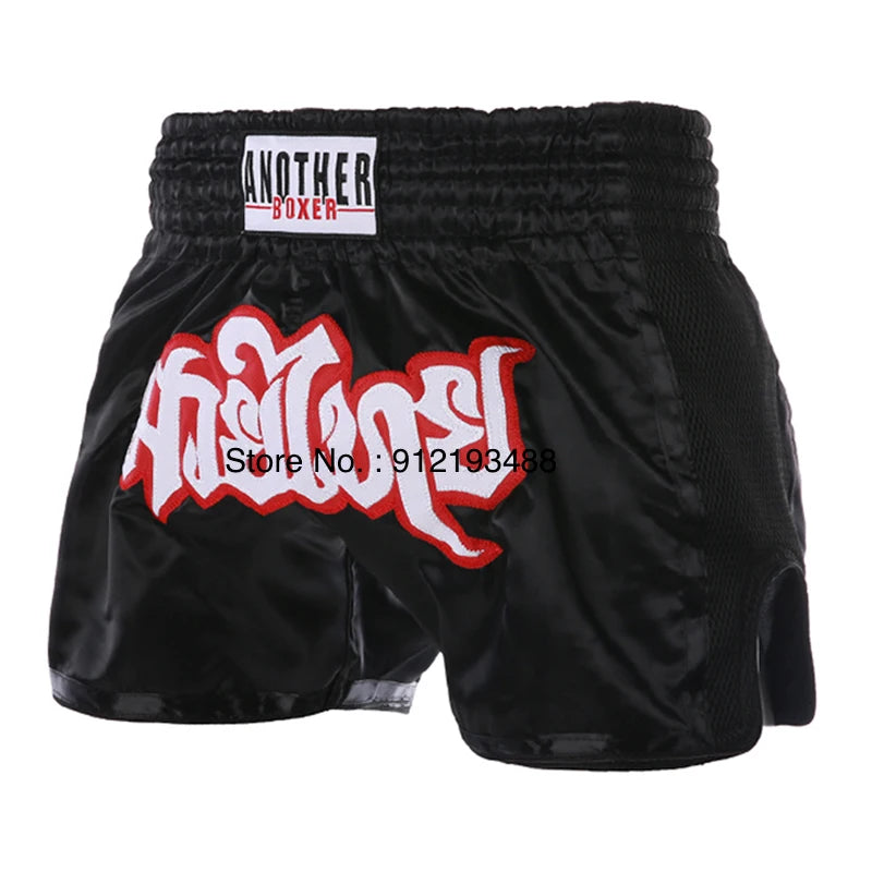 Muay Thai shorts (unisex and children's) with professional embroidery for combat training.