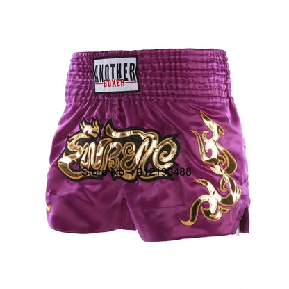 Muay Thai shorts (unisex and children's) with professional embroidery for combat training.