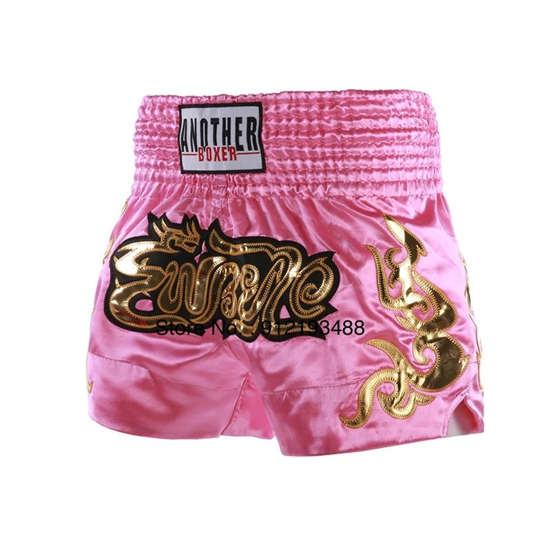 Muay Thai shorts (unisex and children's) with professional embroidery for combat training.