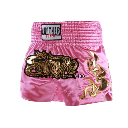 Muay Thai shorts (unisex and children's) with professional embroidery for combat training.
