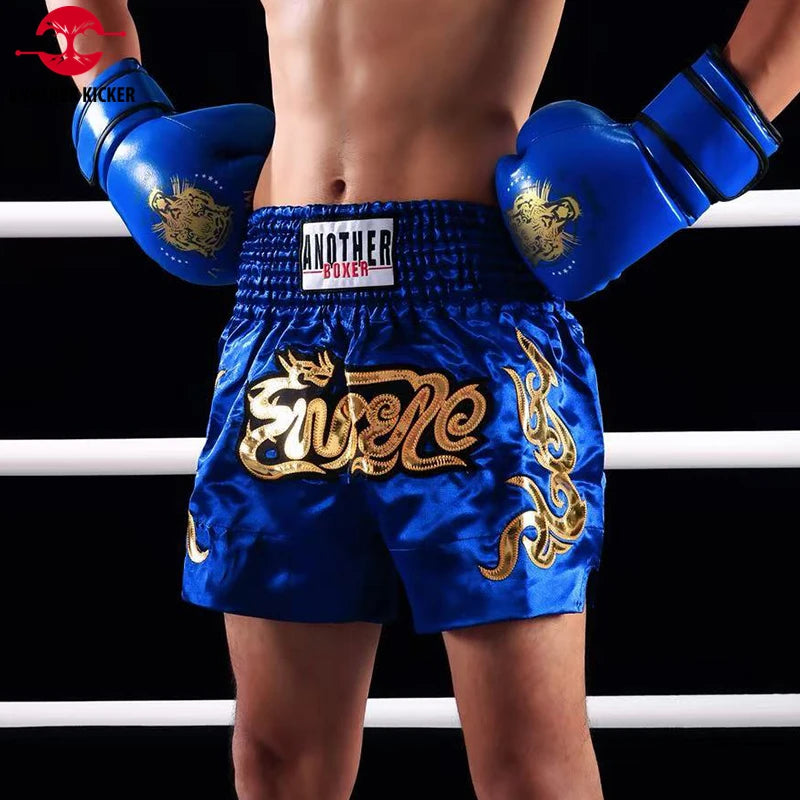 Muay Thai shorts (unisex and children's) with professional embroidery for combat training.