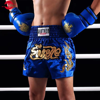 Muay Thai shorts (unisex and children's) with professional embroidery for combat training.