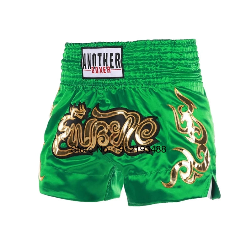 Muay Thai shorts (unisex and children's) with professional embroidery for combat training.