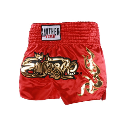 Muay Thai shorts (unisex and children's) with professional embroidery for combat training.
