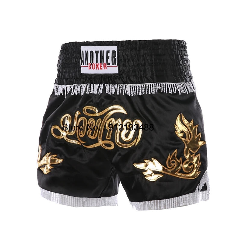 Muay Thai shorts (unisex and children's) with professional embroidery for combat training.