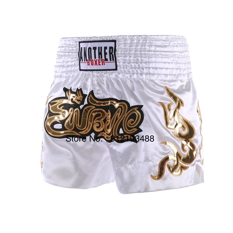 Muay Thai shorts (unisex and children's) with professional embroidery for combat training.