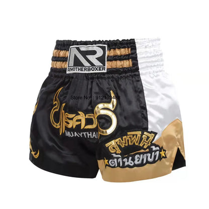 Muay Thai shorts (unisex and children's) with professional embroidery for combat training.